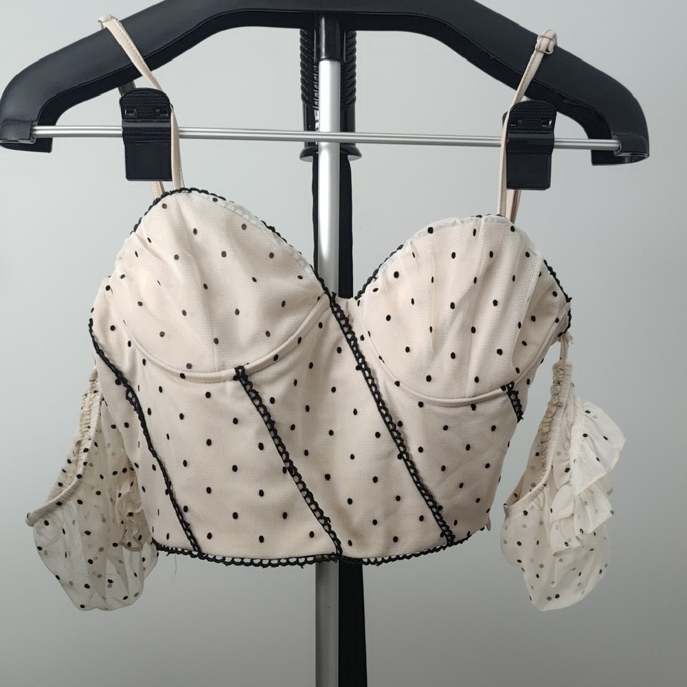 Polka Dot Cream Crop Top with Black Trim